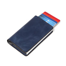 Load image into Gallery viewer, Men Crazy Horse Leather Automatic Credit card holder Wallet Aluminum Mini Wallet With Back Pocket ID Card RFID Blocking purse
