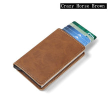 Load image into Gallery viewer, Men Crazy Horse Leather Automatic Credit card holder Wallet Aluminum Mini Wallet With Back Pocket ID Card RFID Blocking purse
