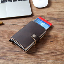Load image into Gallery viewer, Men Crazy Horse Leather Automatic Credit card holder Wallet Aluminum Mini Wallet With Back Pocket ID Card RFID Blocking purse
