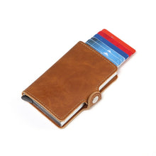Load image into Gallery viewer, Men Crazy Horse Leather Automatic Credit card holder Wallet Aluminum Mini Wallet With Back Pocket ID Card RFID Blocking purse

