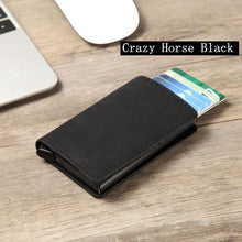 Load image into Gallery viewer, Men Crazy Horse Leather Automatic Credit card holder Wallet Aluminum Mini Wallet With Back Pocket ID Card RFID Blocking purse
